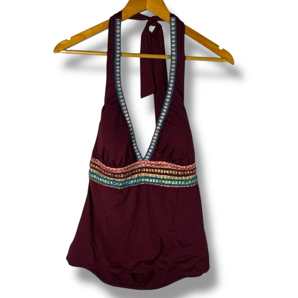 La Blanca Running Stitch Embellished Halter Tankini Top, Deep Maroon, Size 16 - Picture 2 of 14
